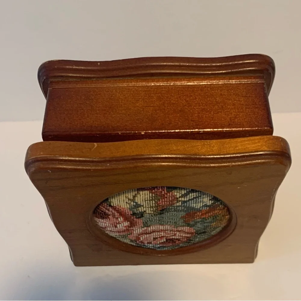 Vintage Cherry Wood jewelry box 6.5”x 7”Needlepoint, Floral Tapestry